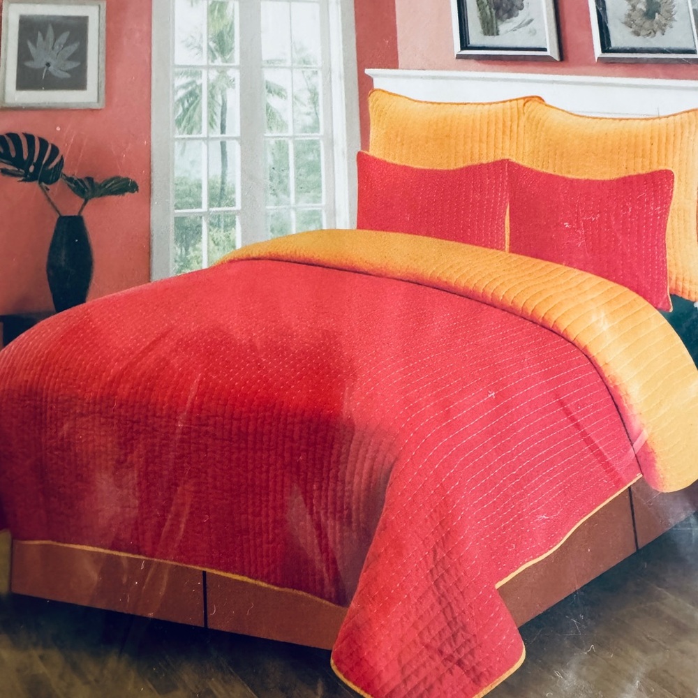 (2) Twin Size quilt sets Red and Accent Orange